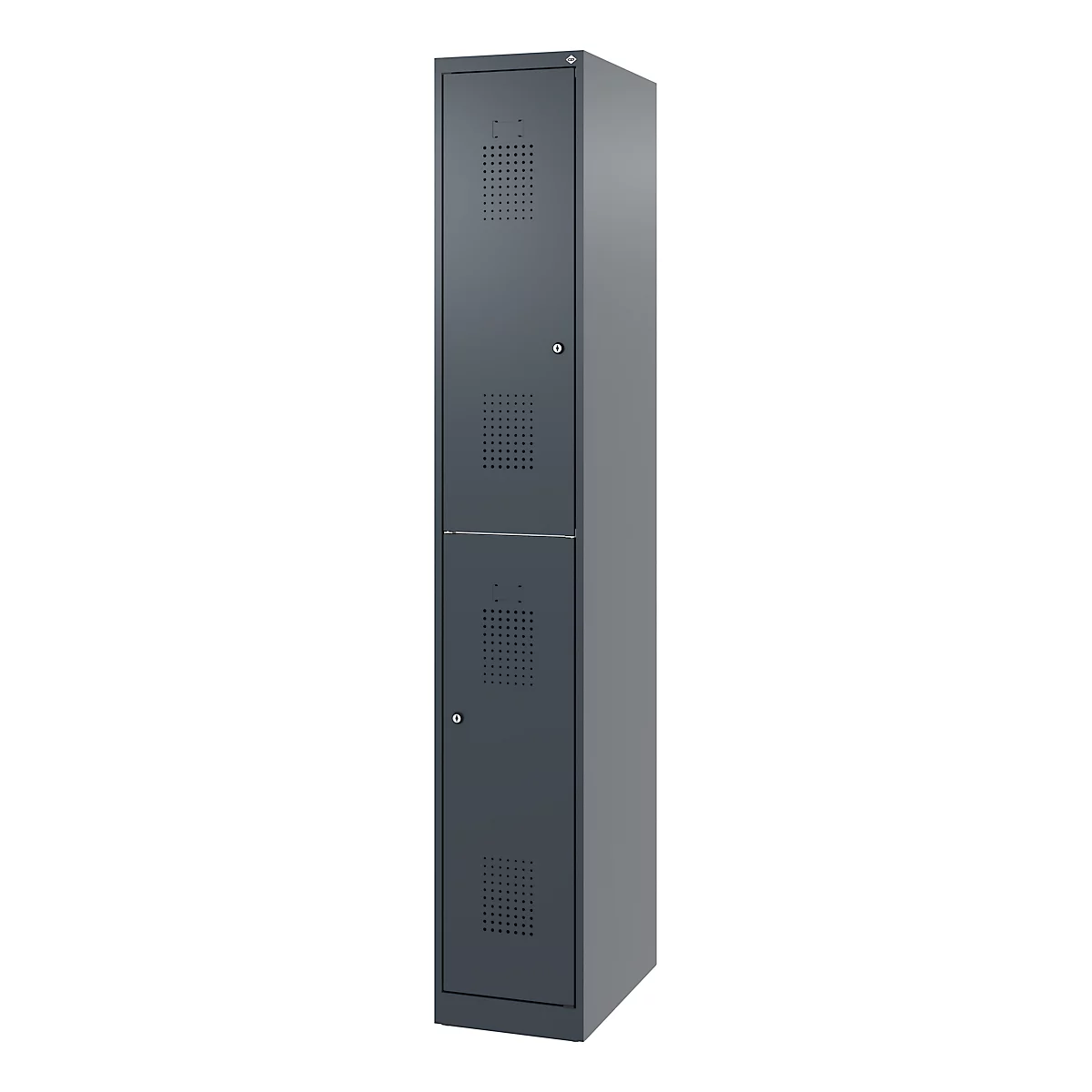 Casier gris foncé à deux portes. Chaque porte a des fentes de ventilation et une serrure. Le produit est posé sur fond blanc.