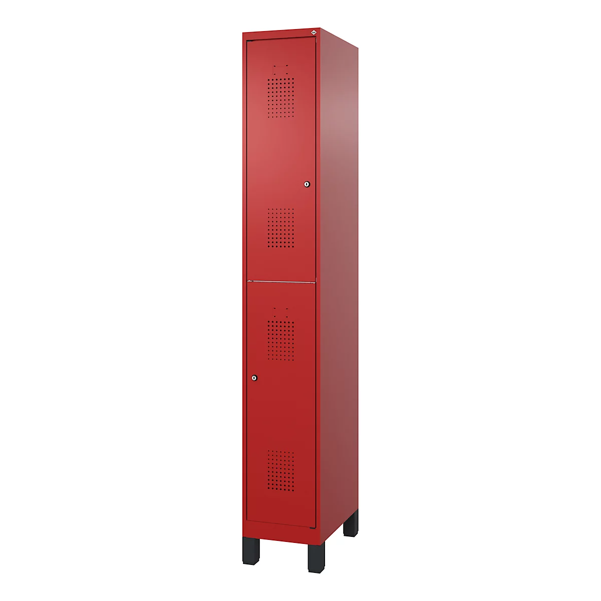 Casier métallique rouge, à deux portes, avec fentes de ventilation et pieds noirs.