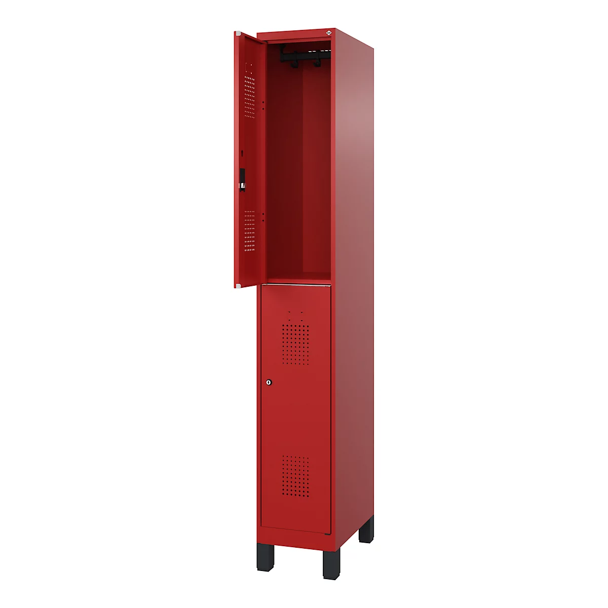 Casier rouge avec porte ouverte, vue de détail. La porte est en haut à gauche, montrant l'intérieur.