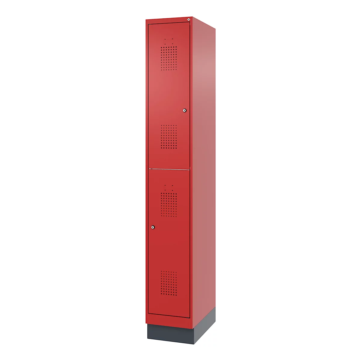 Armoire rouge à deux compartiments, aérations et poignées de porte. Socle gris.