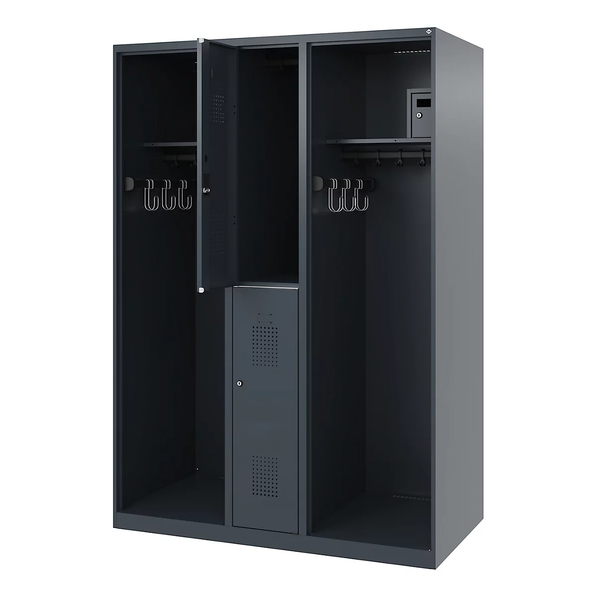 Vestiaire pompier C+P Evolo Maxi, 4 compartiments pour 2 personnes, sans porte-casque, patins de sol, L 1300 x P 600 x H 1850 mm, RAL 7016 gris anthracite