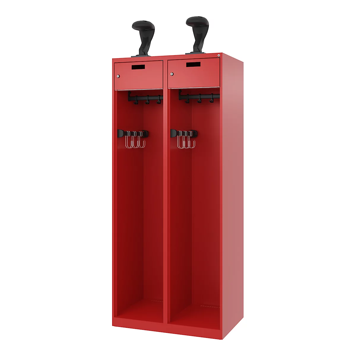 Vestiaire pompier C+P Evolo PRAKTUS, 2 compartiments, porte-casque, avec socle, patins de sol, L 800 x P 500 x H 1850 mm, RAL 3000 rouge feu