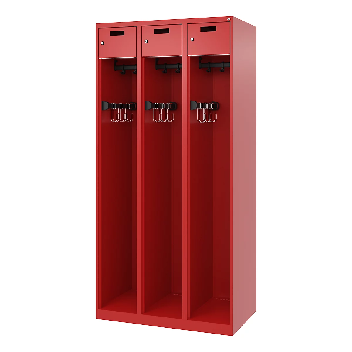 Vestiaire pompier C+P Evolo PRAKTUS, 3 compartiments, avec socle, patins au sol, L 900 x P 500 x H 1850 mm, RAL 3000 rouge feu