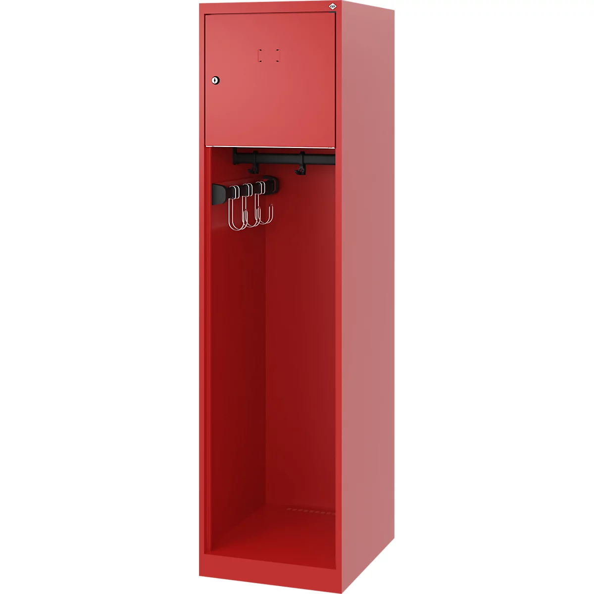 Vestiaire pompier C+P Evolo Youngster, 1 compartiment, sans porte-casque, patins de sol, L 400 x P 500 x H 1530 mm, RAL 3000 rouge feu