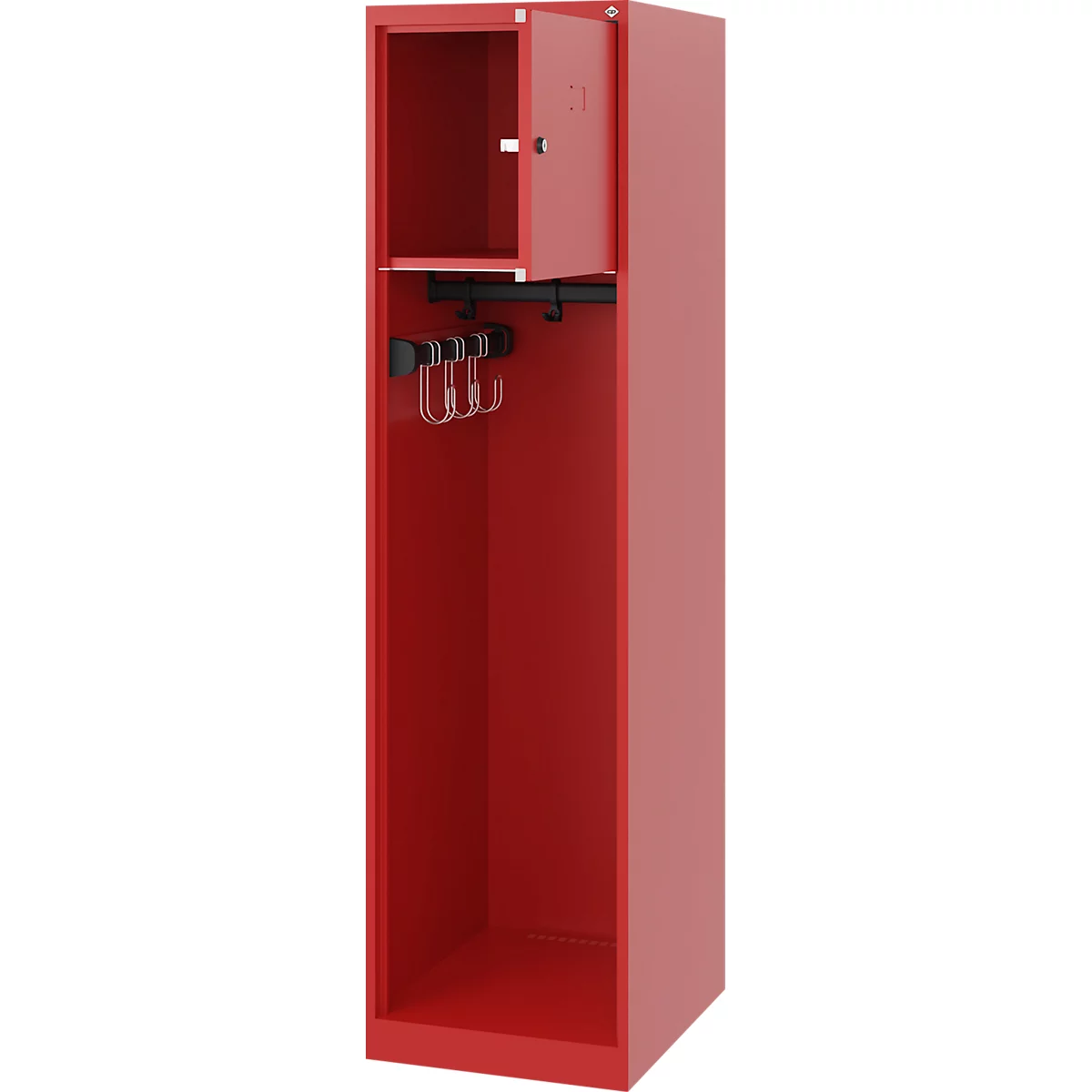 Vestiaire pompier C+P Evolo Youngster, 1 compartiment, sans porte-casque, patins de sol, L 400 x P 500 x H 1530 mm, RAL 3000 rouge feu