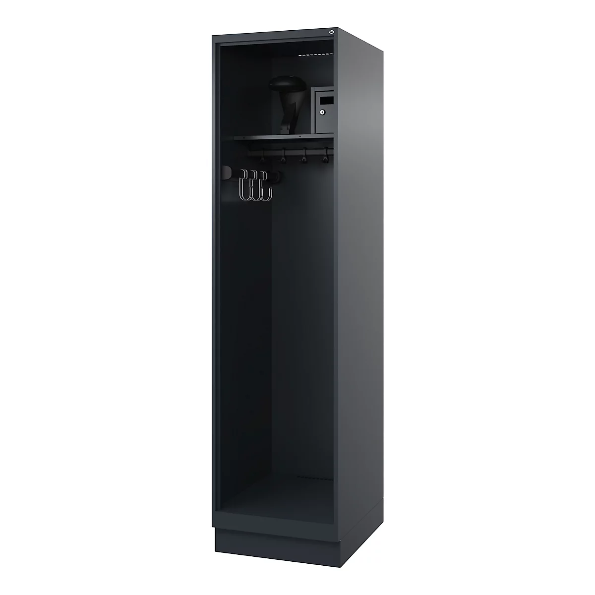 Armoire en acier noir, ouverte avec chapeau, crochets et serrure.