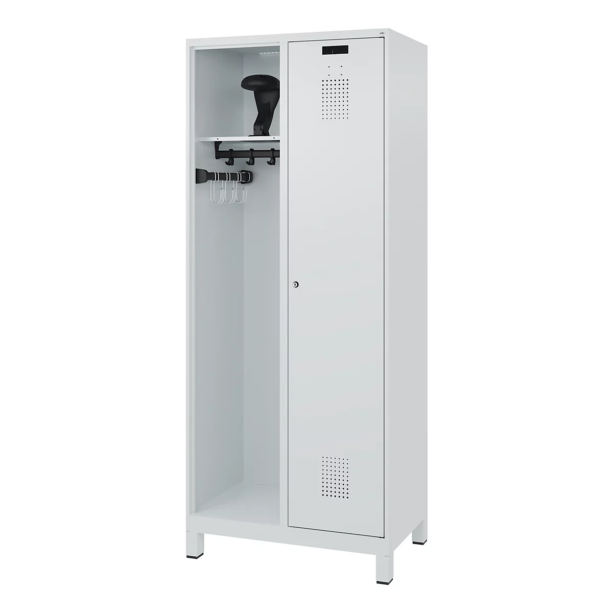 Vestiaire pompiers C+P Evolo Kombi, 2 compartiments pour 1 personne, avec porte-casque, pieds, L 800 x P 500 x H 1950 mm, gris clair RAL 7035