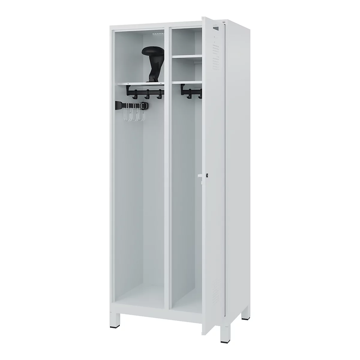Vestiaire pompiers C+P Evolo Kombi, 2 compartiments pour 1 personne, avec porte-casque, pieds, L 800 x P 500 x H 1950 mm, gris clair RAL 7035