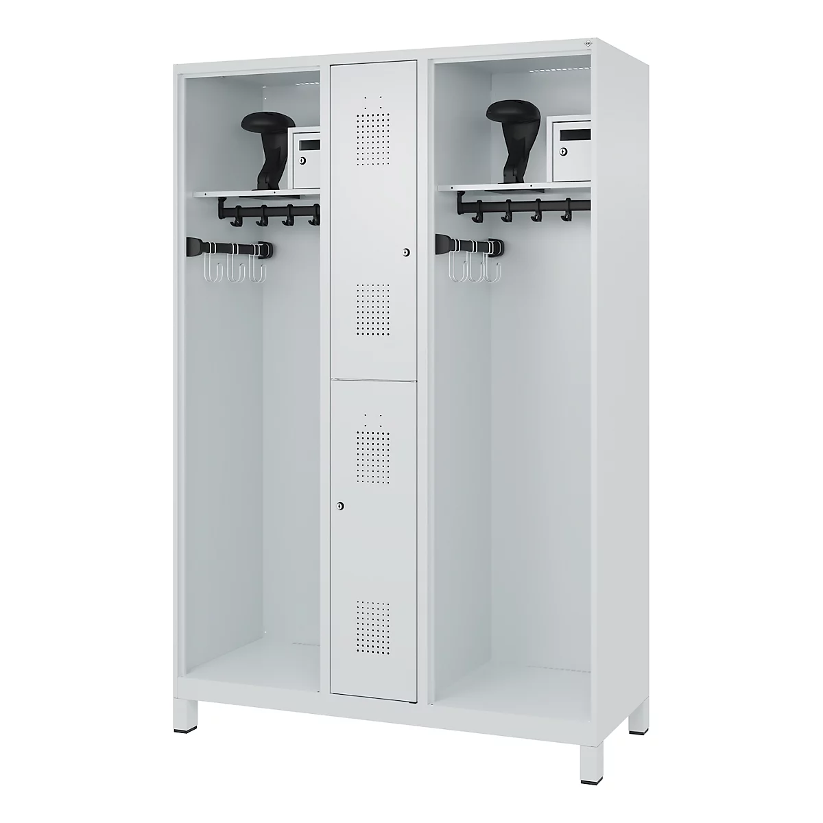 Casier blanc, deux compartiments, compartiment central, porte-manteau, casque, casiers.
