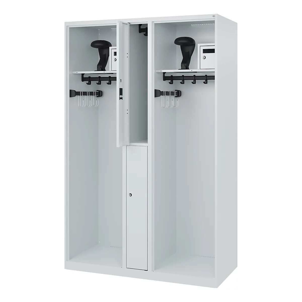 Vestiaire pompiers C+P Evolo Maxi, 4 compartiments pour 2 personnes, avec porte-casque, patins au sol, L 1200 x P 500 x H 1850 mm, gris clair RAL 7035