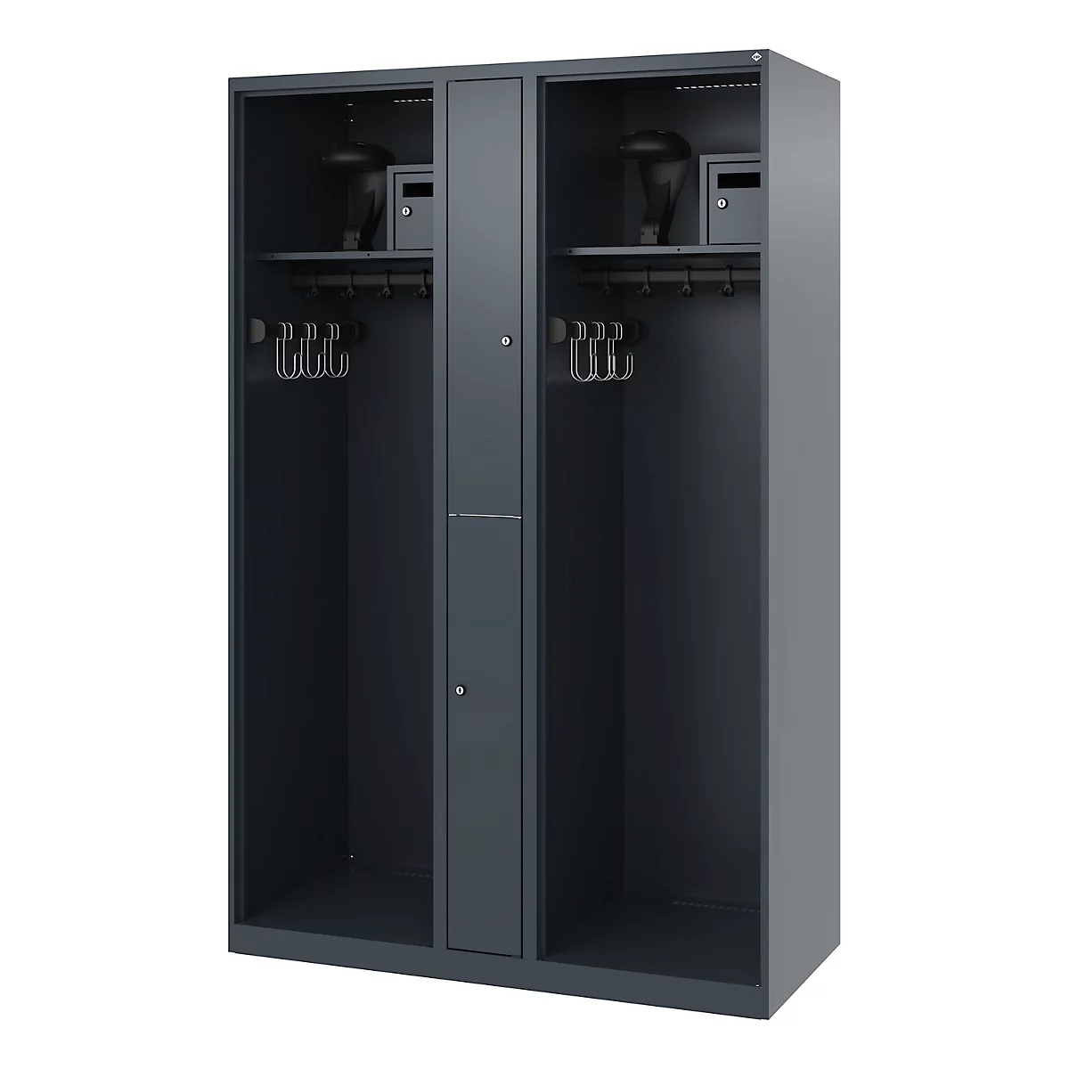 Vestiaire pompiers C+P Evolo Maxi, 4 compartiments pour 2 personnes, avec porte-casque, patins de sol, L 1200 x P 500 x H 1850 mm, RAL 7016 gris anthracite