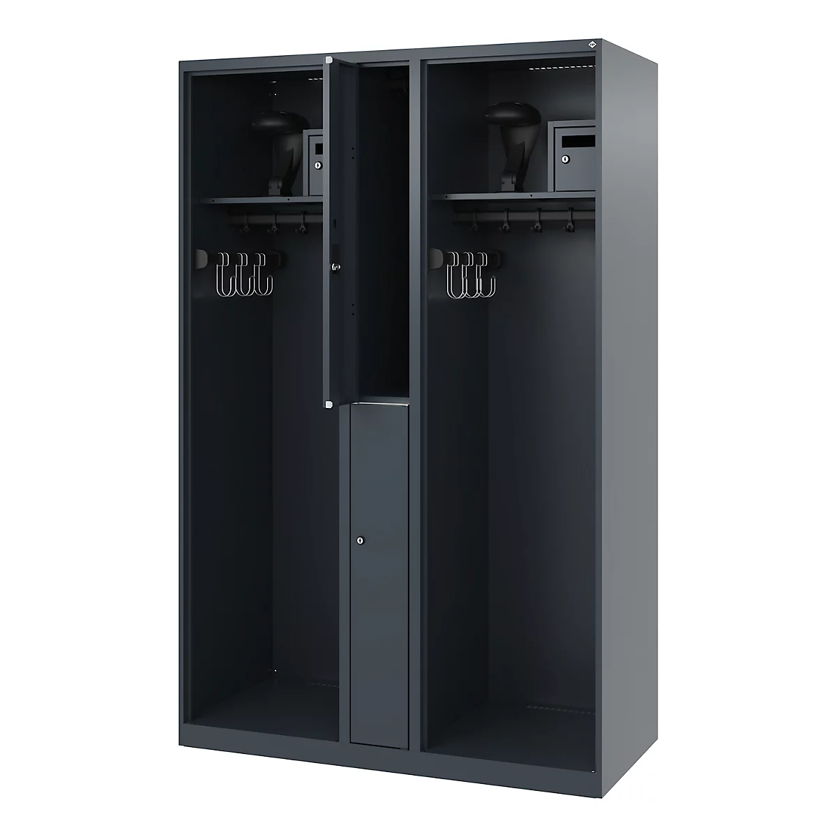 Vestiaire pompiers C+P Evolo Maxi, 4 compartiments pour 2 personnes, avec porte-casque, patins de sol, L 1200 x P 500 x H 1850 mm, RAL 7016 gris anthracite
