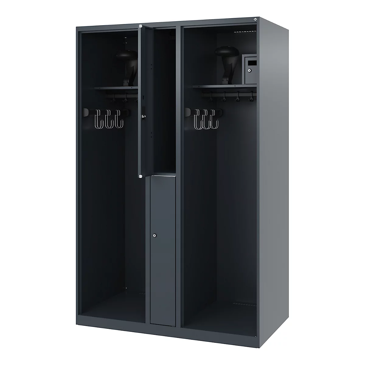 Vestiaire pompiers C+P Evolo Maxi, 4 compartiments pour 2 personnes, avec porte-casque, patins de sol, L 1200 x P 500 x H 1850 mm, RAL 7016 gris anthracite