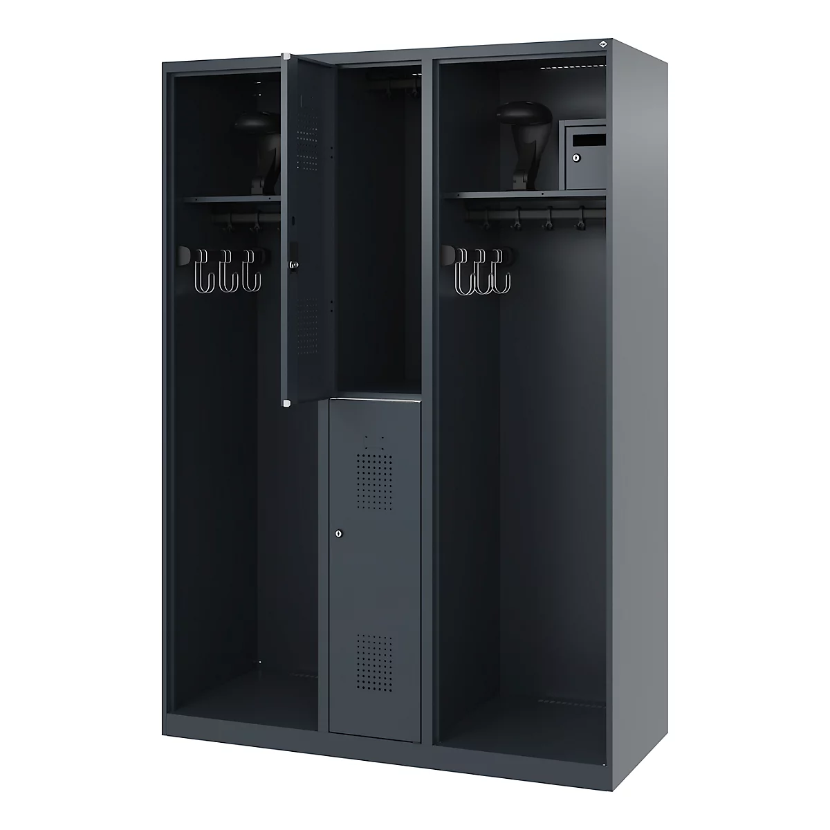 Vestiaire pompiers C+P Evolo Maxi, 4 compartiments pour 2 personnes, avec porte-casque, patins de sol, L 1300 x P 500 x H 1850 mm, RAL 7016 gris anthracite