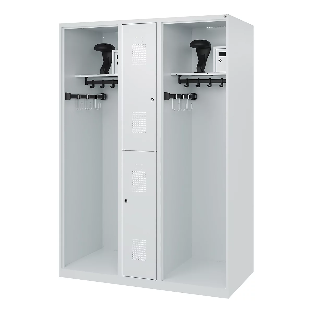 Vestiaire pompiers C+P Evolo Maxi, 4 compartiments pour 2 personnes, avec porte-casque, patins de sol, L 1300 x P 600 x H 1850 mm, gris clair RAL 7035