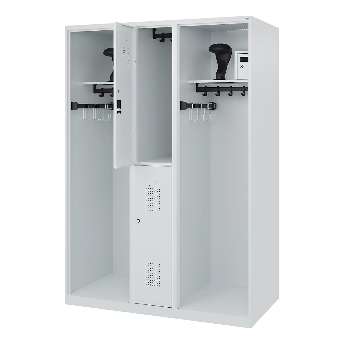 Vestiaire pompiers C+P Evolo Maxi, 4 compartiments pour 2 personnes, avec porte-casque, patins de sol, L 1300 x P 600 x H 1850 mm, gris clair RAL 7035