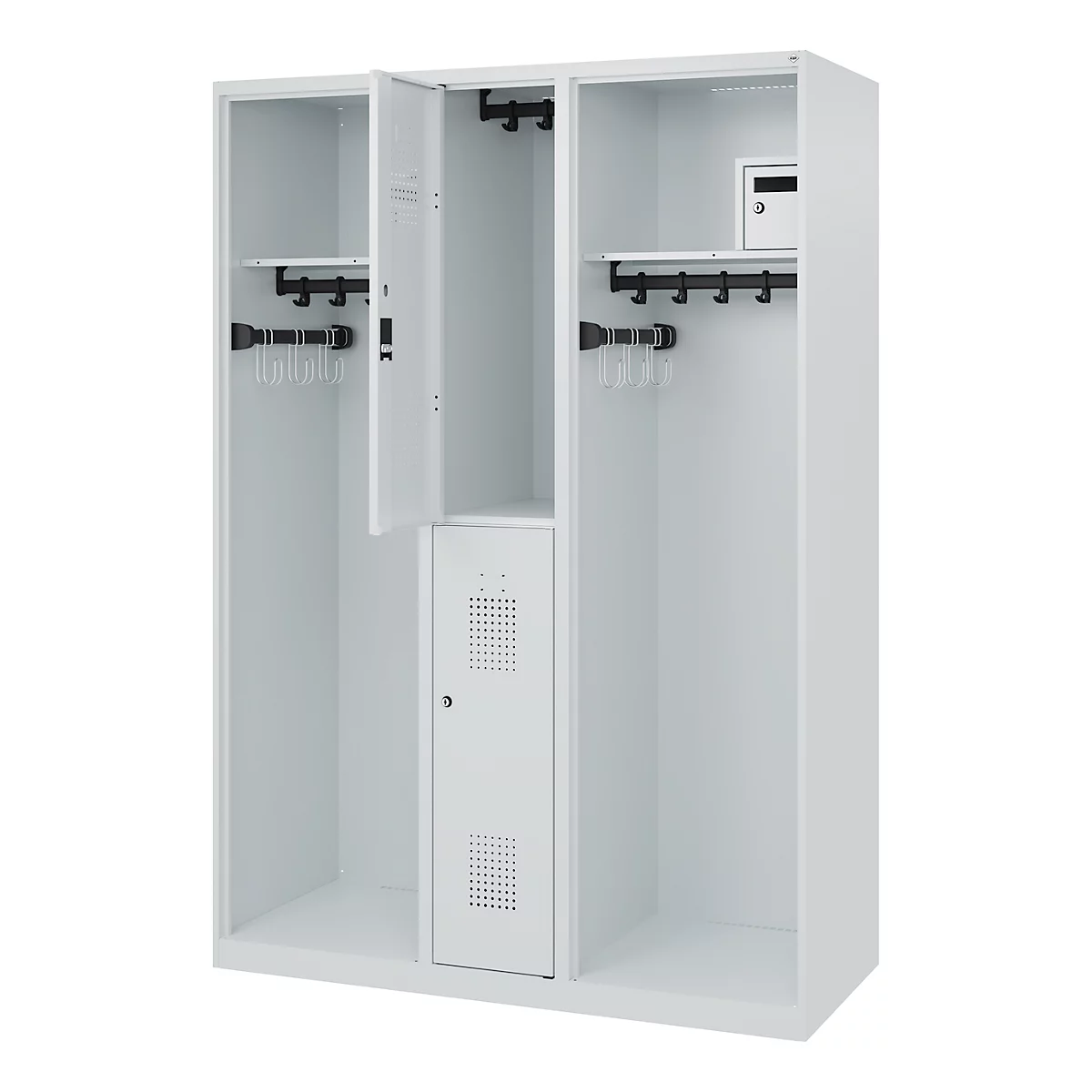 Vestiaire pompiers C+P Evolo Maxi, 4 compartiments pour 2 personnes, sans porte-casque, patins de sol, L 1300 x P 500 x H 1850 mm, gris clair RAL 7035