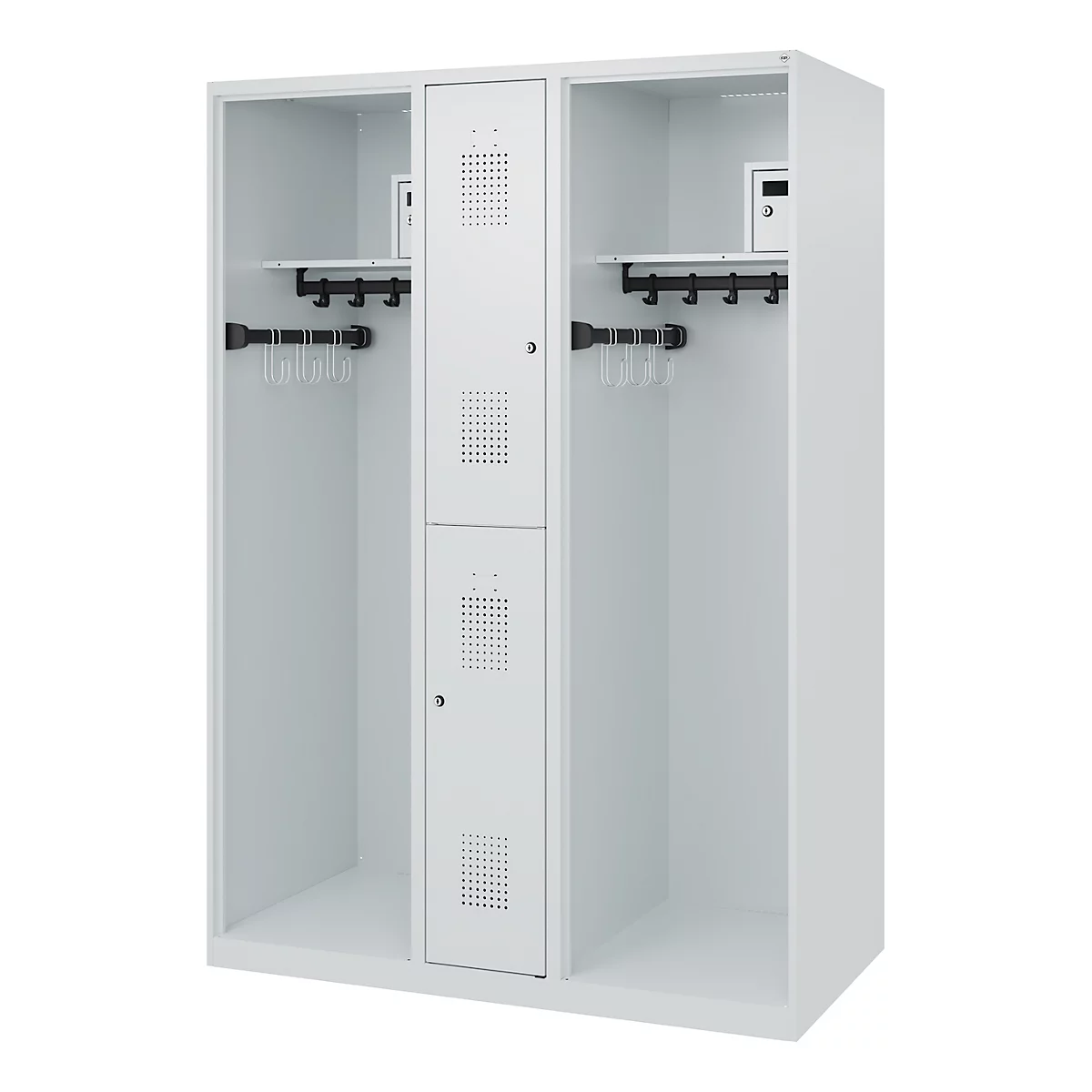Vestiaire pompiers C+P Evolo Maxi, 4 compartiments pour 2 personnes, sans porte-casque, patins de sol, L 1300 x P 600 x H 1850 mm, gris clair RAL 7035
