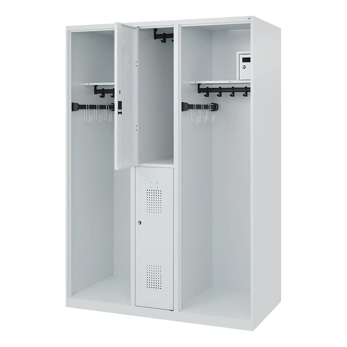Vestiaire pompiers C+P Evolo Maxi, 4 compartiments pour 2 personnes, sans porte-casque, patins de sol, L 1300 x P 600 x H 1850 mm, gris clair RAL 7035