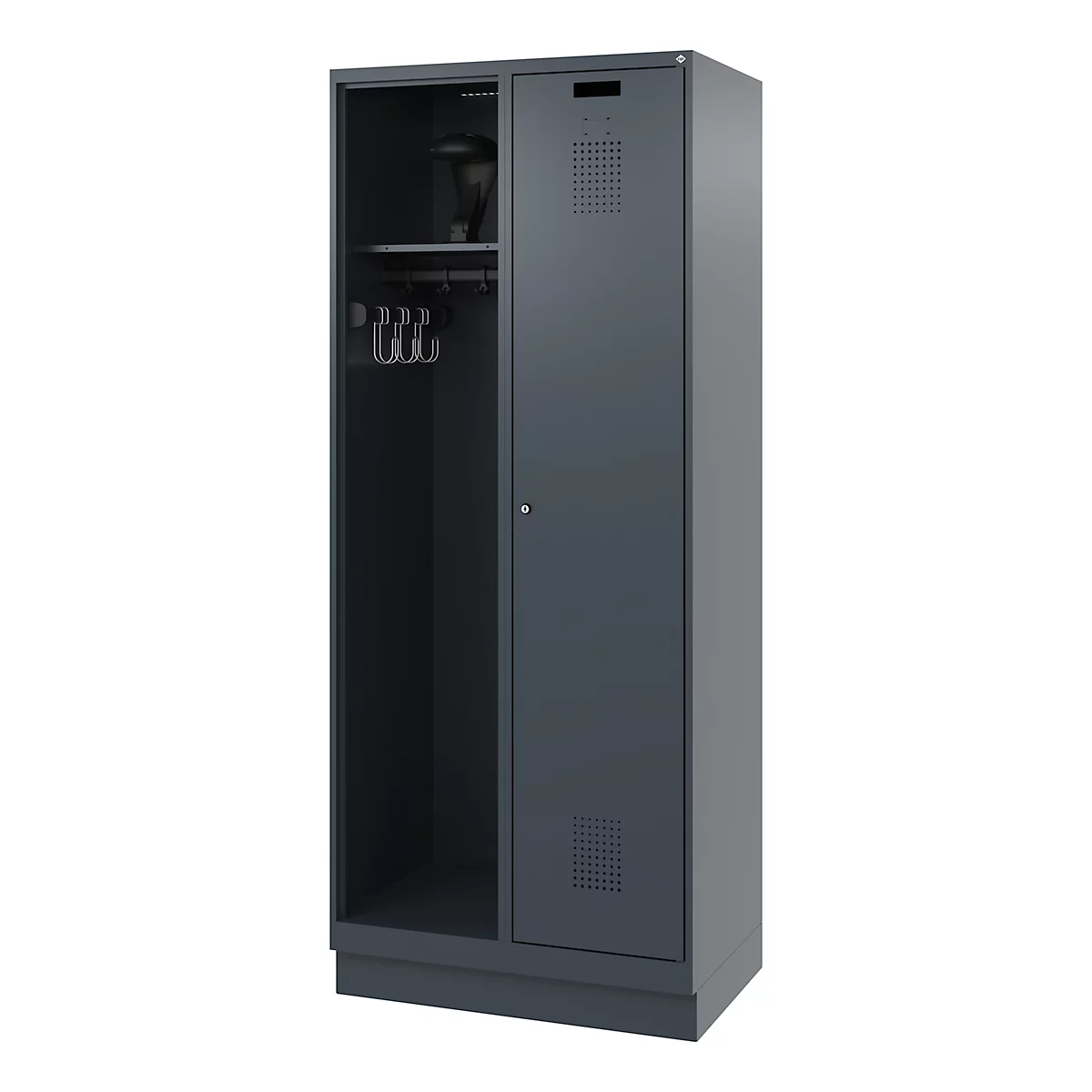 Vestiaire gris foncé avec compartiment ouvert, tringle à vêtements et porte.