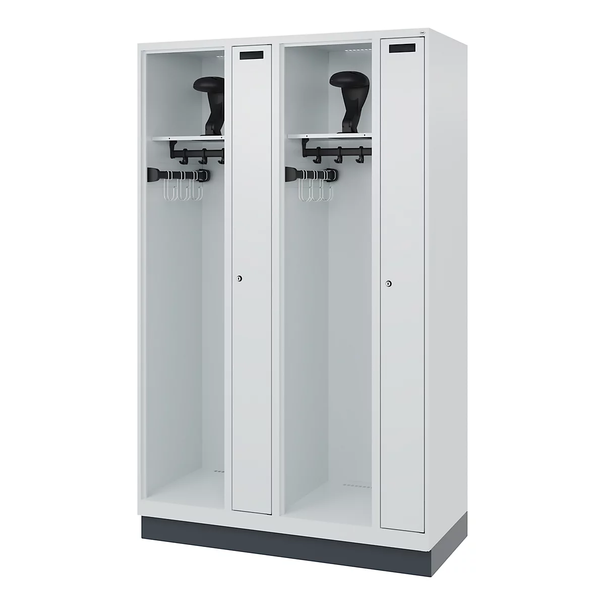 Un casier blanc à quatre compartiments. Deux compartiments sont ouverts et contiennent un casque, une étagère et des cintres. Les portes restantes sont fermées.