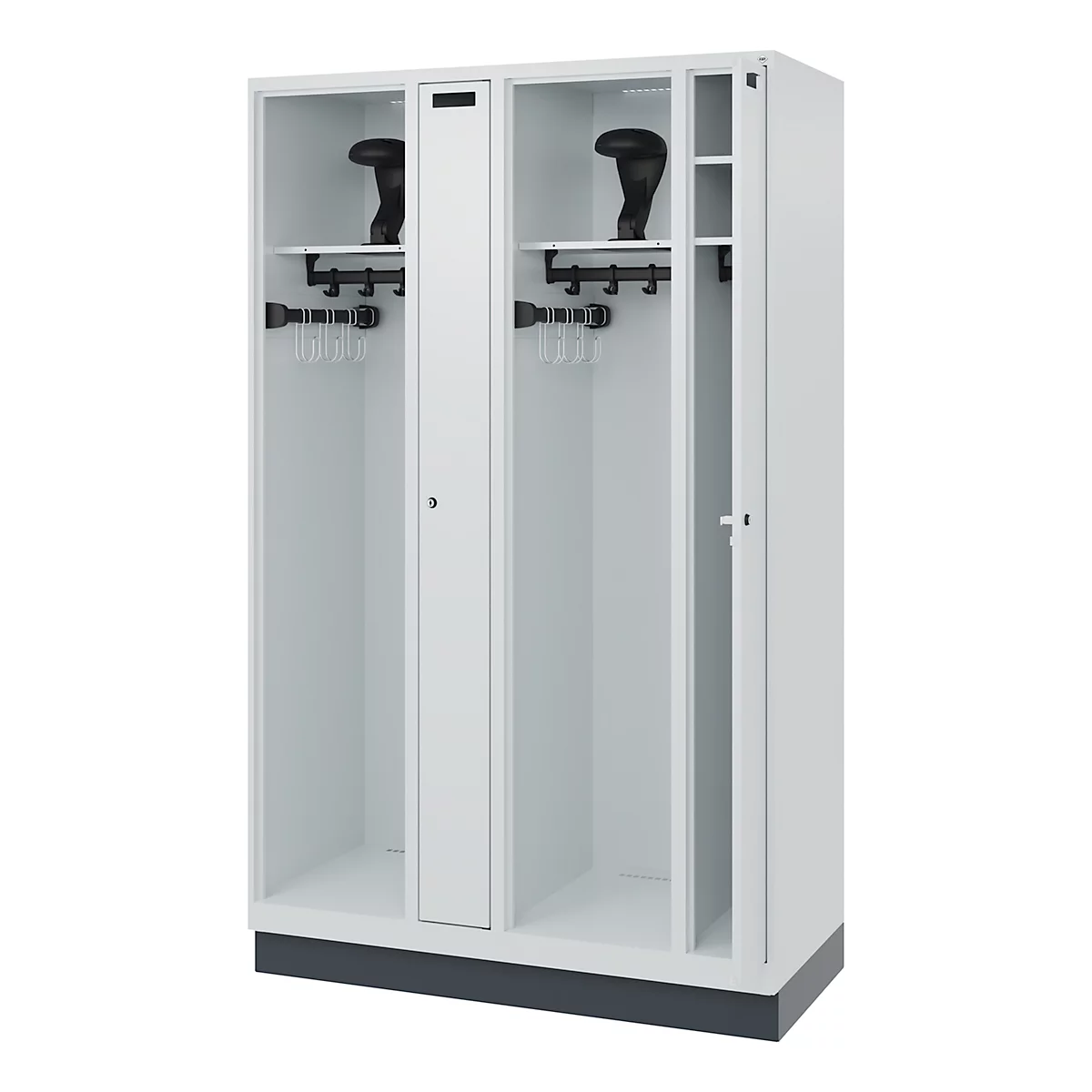 Casier blanc avec porte ouverte et deux casques noirs.
