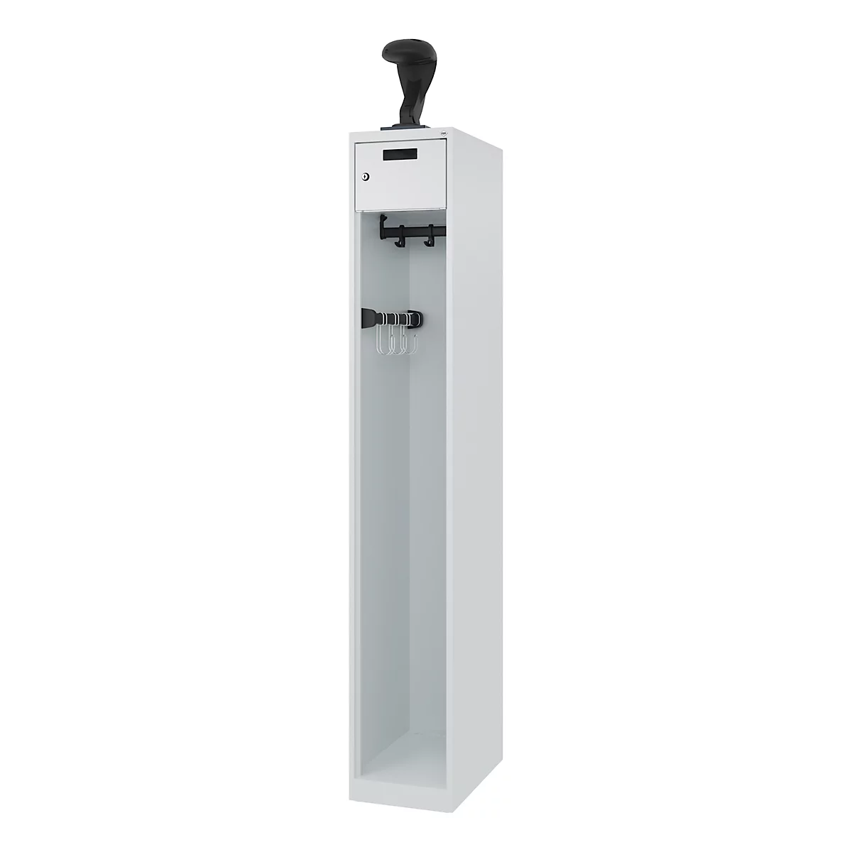 Vestiaire pompiers C+P Evolo PRAKTUS, 1 compartiment, porte-casque, avec socle, patins, L 300 x P 500 x H 1850 mm, gris clair RAL 7035