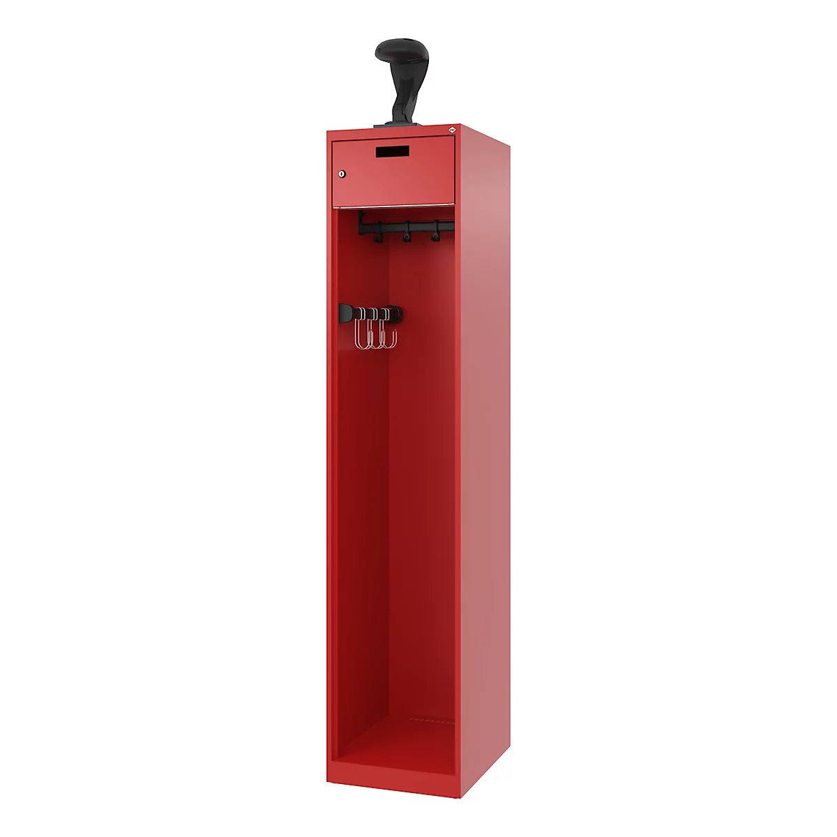 Vestiaire pompiers C+P Evolo PRAKTUS, 1 compartiment, porte-casque, avec socle, patins, L 400 x P 500 x H 1850 mm, RAL 3000 rouge feu