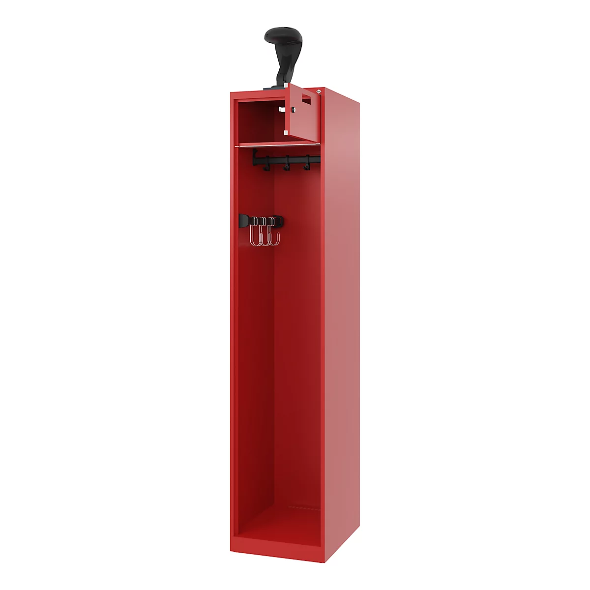 Vestiaire pompiers C+P Evolo PRAKTUS, 1 compartiment, porte-casque, avec socle, patins, L 400 x P 500 x H 1850 mm, RAL 3000 rouge feu