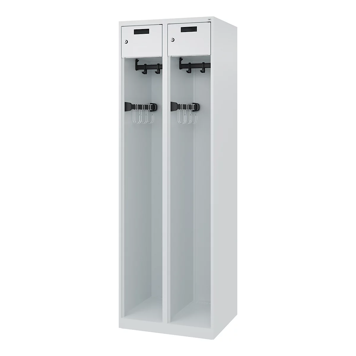 Vestiaire pompiers C+P Evolo PRAKTUS, 2 compartiments, avec socle, patins au sol, L 600 x P 500 x H 1850 mm, gris clair RAL 7035