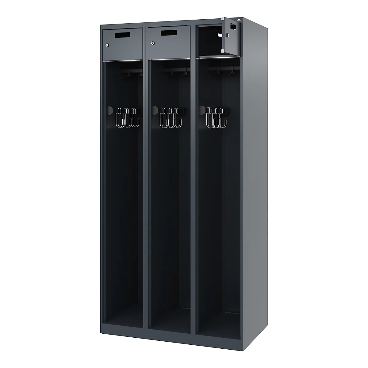 Vestiaire pompiers C+P Evolo PRAKTUS, 3 compartiments, avec socle, patins au sol, L 900 x P 500 x H 1850 mm, RAL 7016 gris anthracite