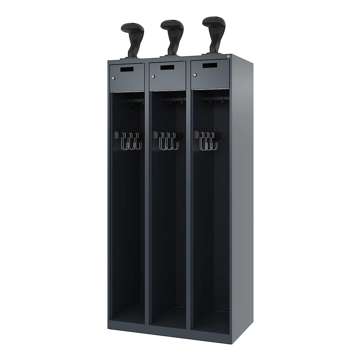 Vestiaire pompiers C+P Evolo PRAKTUS, 3 compartiments, porte-casque, avec socle, patins de sol, L 900 x P 500 x H 1850 mm, RAL 7016 gris anthracite