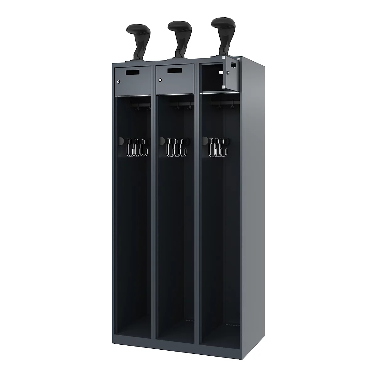 Vestiaire pompiers C+P Evolo PRAKTUS, 3 compartiments, porte-casque, avec socle, patins de sol, L 900 x P 500 x H 1850 mm, RAL 7016 gris anthracite