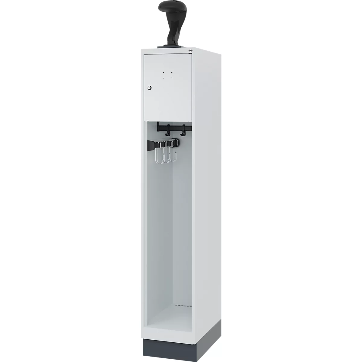 Vestiaire pompiers C+P Evolo Youngster, 1 compartiment, avec porte-casque, avec socle, L 300 x P 500 x H 1630 mm, RAL 7035 gris clair/RAL 7016 gris anthracite