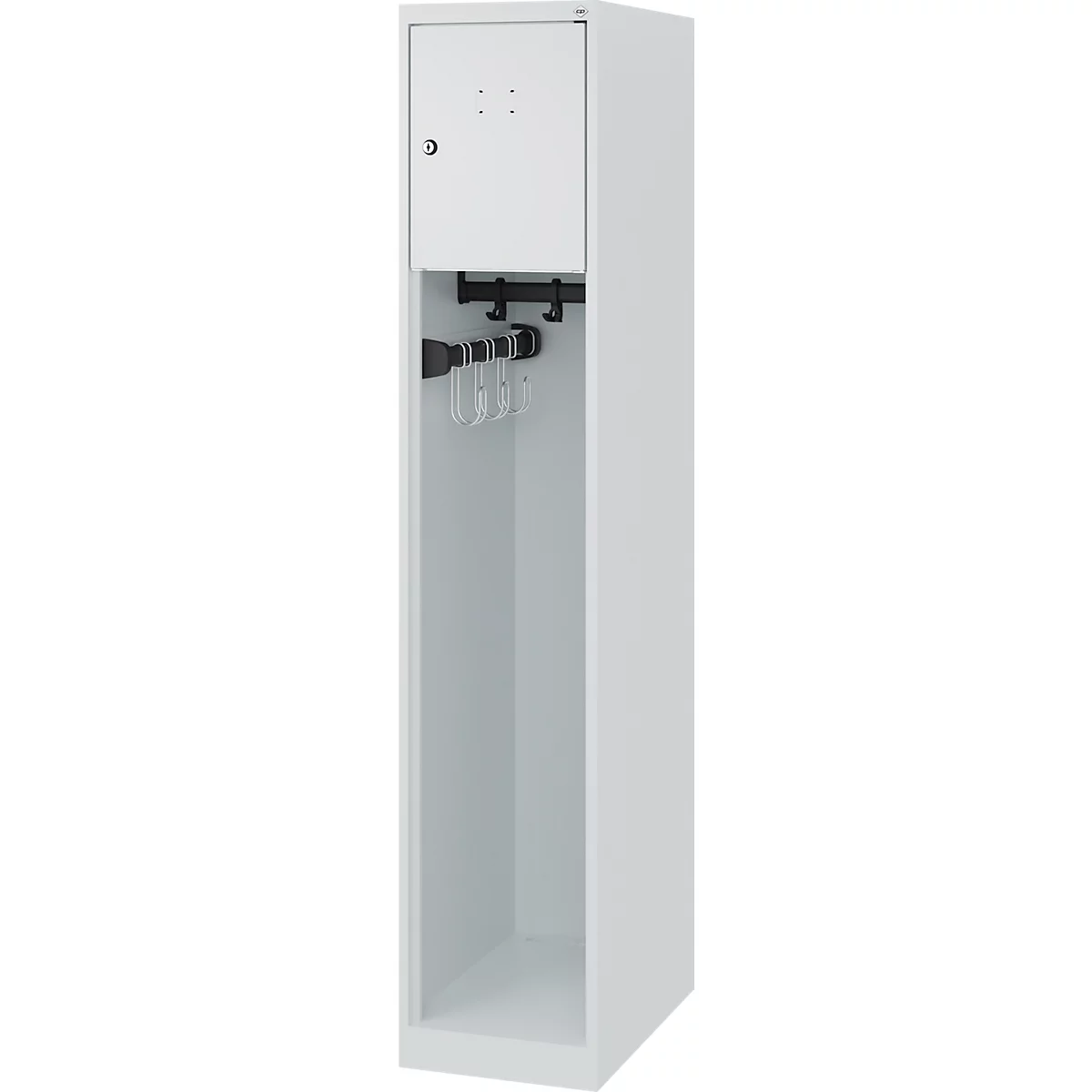 Vestiaire pompiers C+P Evolo Youngster, 1 compartiment, sans porte-casque, patins de sol, L 300 x P 500 x H 1530 mm, RAL 7035 gris clair