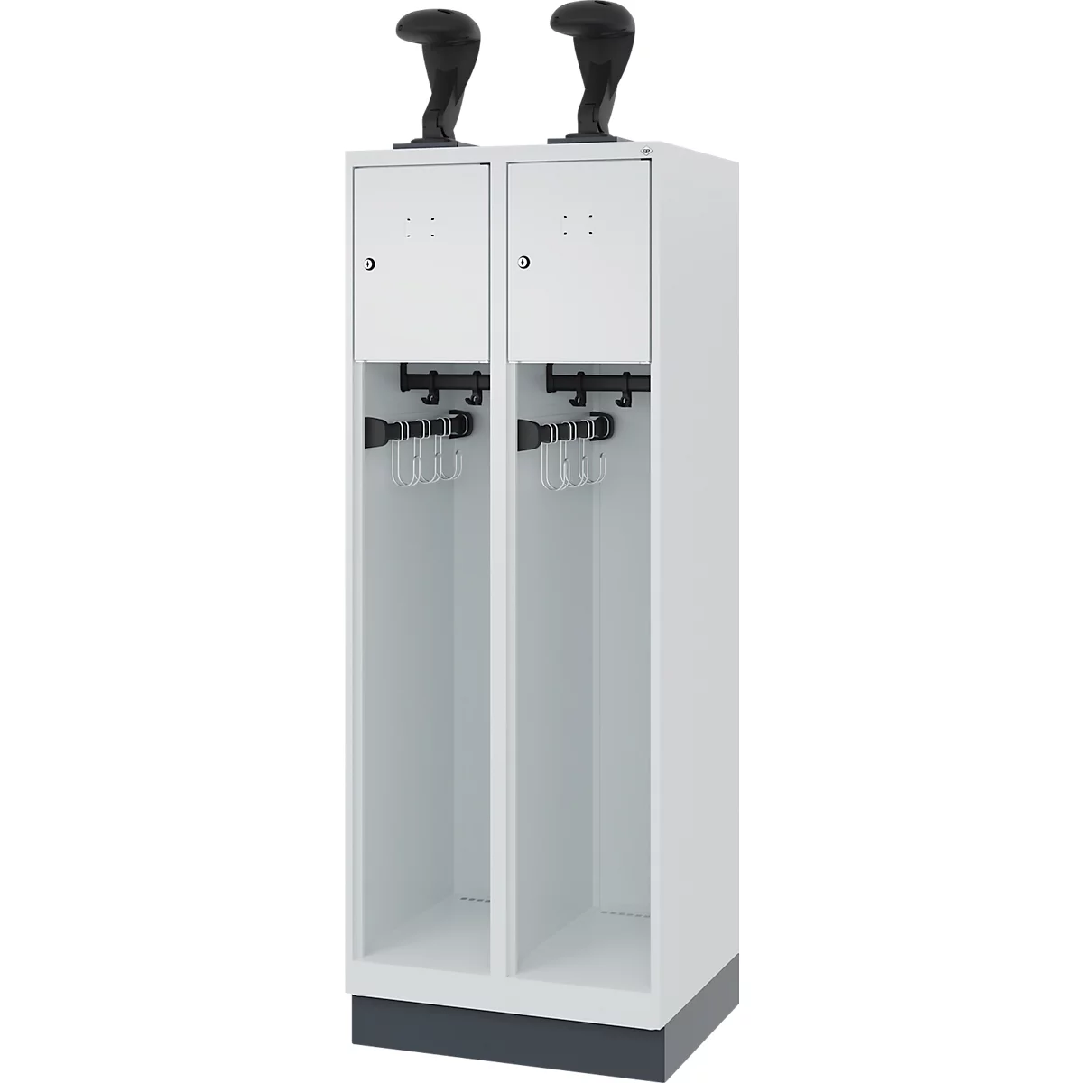 Vestiaire pompiers C+P Evolo Youngster, 2 compartiments, avec porte-casque, avec socle, L 600 x P 500 x H 1630 mm, RAL 7035 gris clair/RAL 7016 gris anthracite