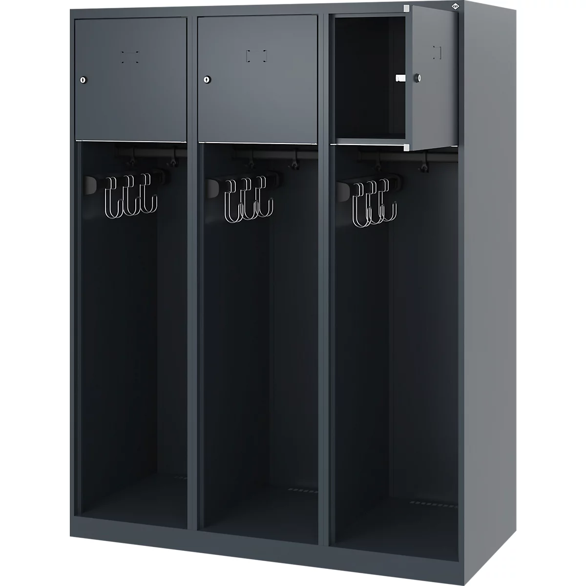 Vestiaire pompiers C+P Evolo Youngster, 2 compartiments, sans porte-casque, patins de sol, L 1200 x P 500 x H 1530 mm, RAL 7016 gris anthracite