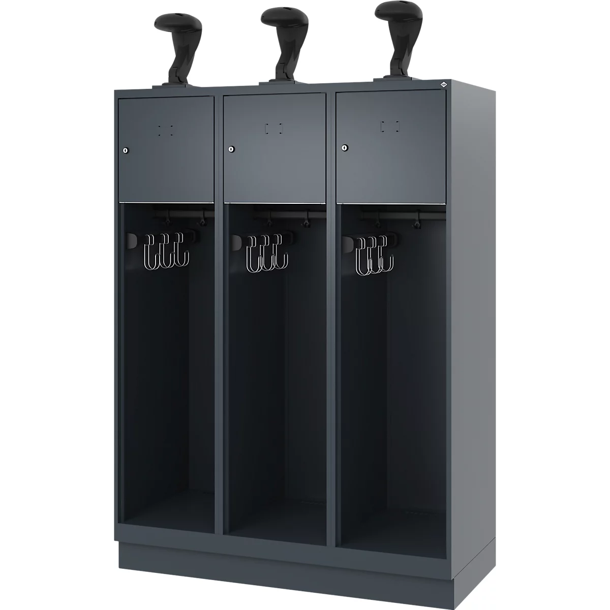 Vestiaire pompiers C+P Evolo Youngster, 3 compartiments, avec porte-casque, avec socle, L 1200 x P 500 x H 1630 mm, RAL 7016 gris anthracite
