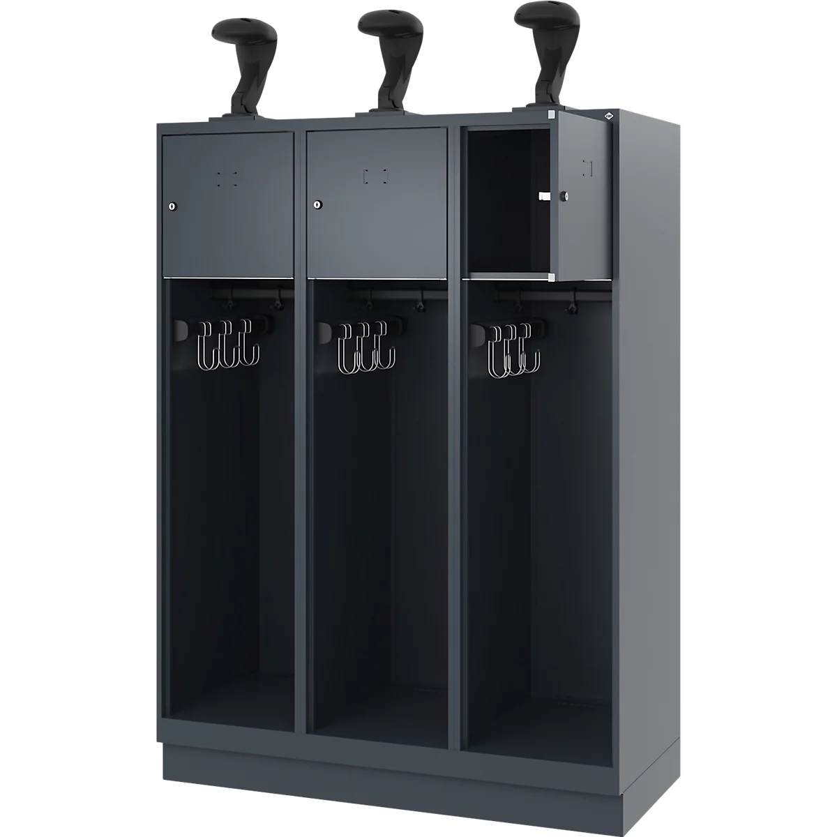 Vestiaire pompiers C+P Evolo Youngster, 3 compartiments, avec porte-casque, avec socle, L 1200 x P 500 x H 1630 mm, RAL 7016 gris anthracite