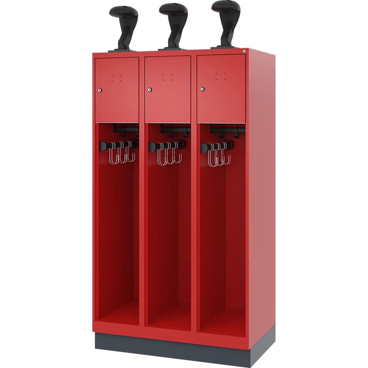Vestiaire pompiers C+P Evolo Youngster, 3 compartiments, avec porte-casque, avec socle, L 900 x P 500 x H 1630 mm, RAL 3000 rouge feu/RAL 7016 gris anthracite
