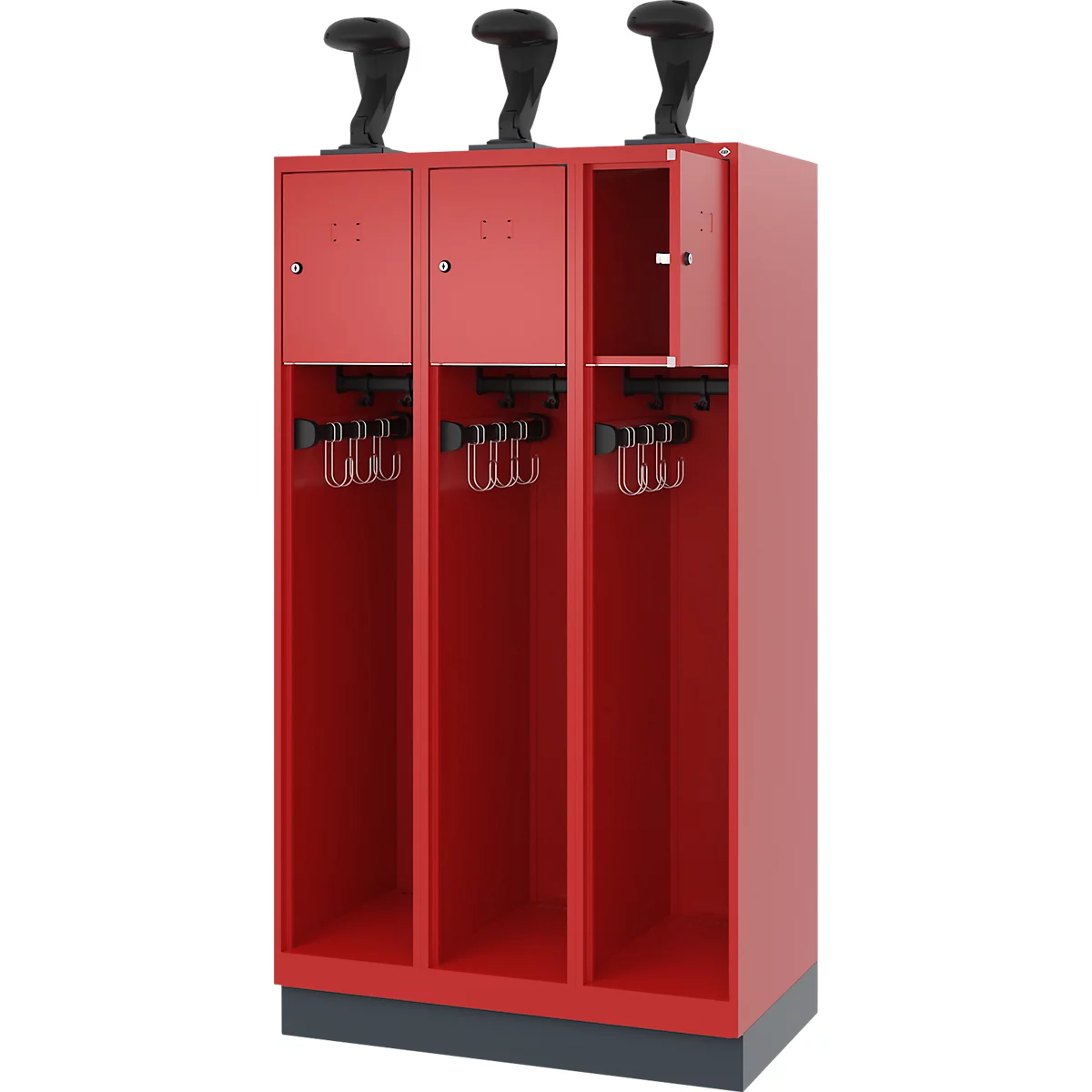 Vestiaire pompiers C+P Evolo Youngster, 3 compartiments, avec porte-casque, avec socle, L 900 x P 500 x H 1630 mm, RAL 3000 rouge feu/RAL 7016 gris anthracite