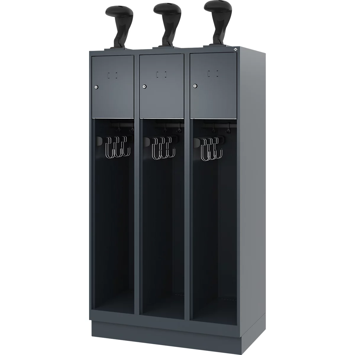 Vestiaire pompiers C+P Evolo Youngster, 3 compartiments, avec porte-casque, avec socle, L 900 x P 500 x H 1630 mm, RAL 7016 gris anthracite