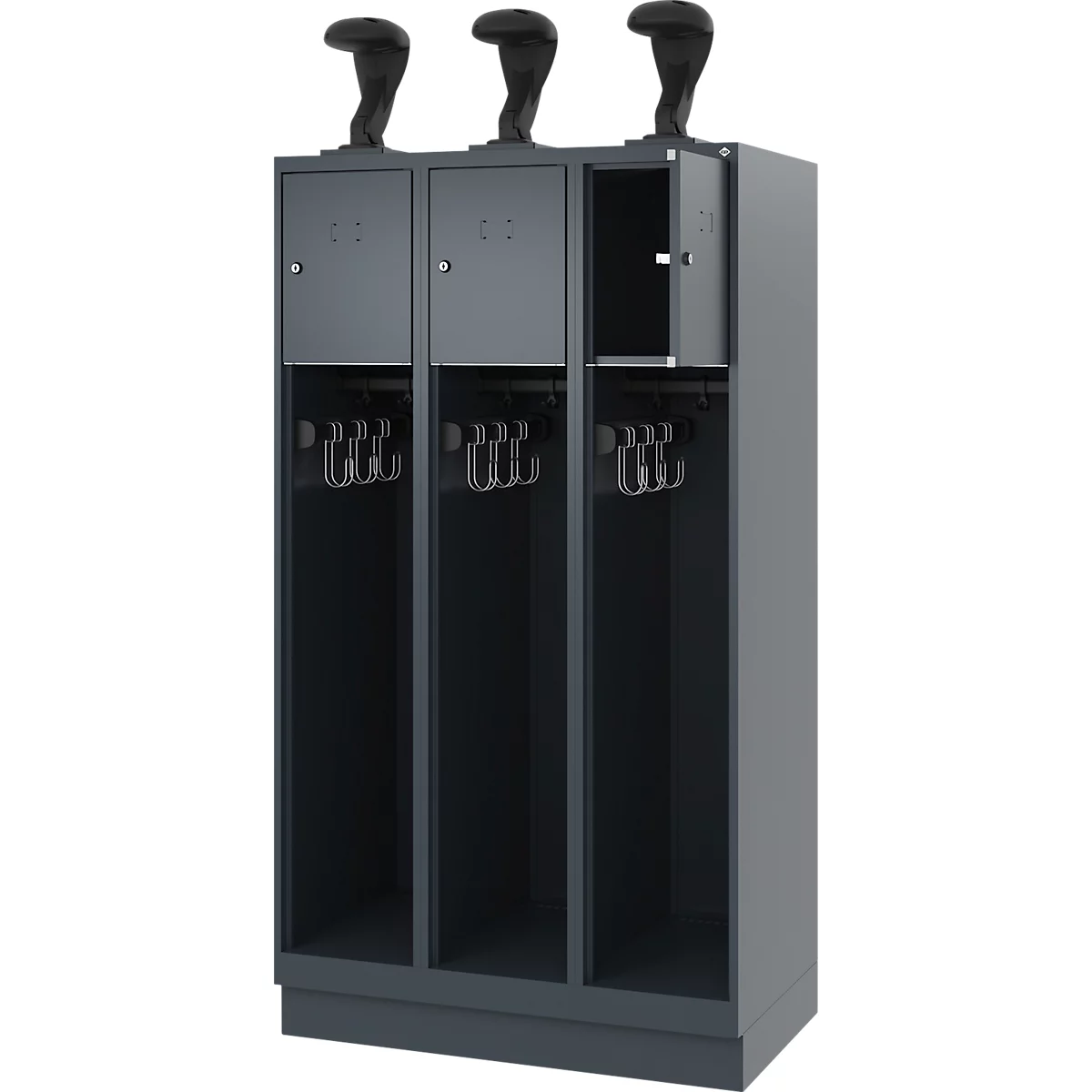 Vestiaire pompiers C+P Evolo Youngster, 3 compartiments, avec porte-casque, avec socle, L 900 x P 500 x H 1630 mm, RAL 7016 gris anthracite
