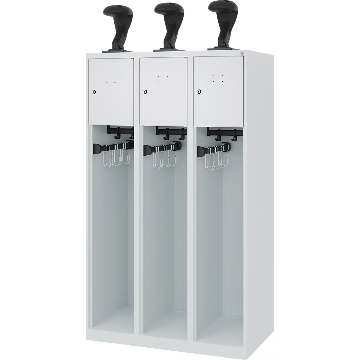 Vestiaire pompiers C+P Evolo Youngster, 3 compartiments, avec porte-casque, patins au sol, L 900 x P 500 x H 1530 mm, gris clair RAL 7035