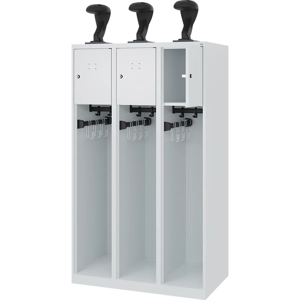 Vestiaire pompiers C+P Evolo Youngster, 3 compartiments, avec porte-casque, patins au sol, L 900 x P 500 x H 1530 mm, gris clair RAL 7035