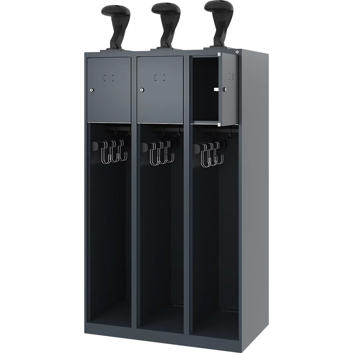 Vestiaire pompiers C+P Evolo Youngster, 3 compartiments, avec porte-casque, patins de sol, L 900 x P 500 x H 1530 mm, RAL 7016 gris anthracite