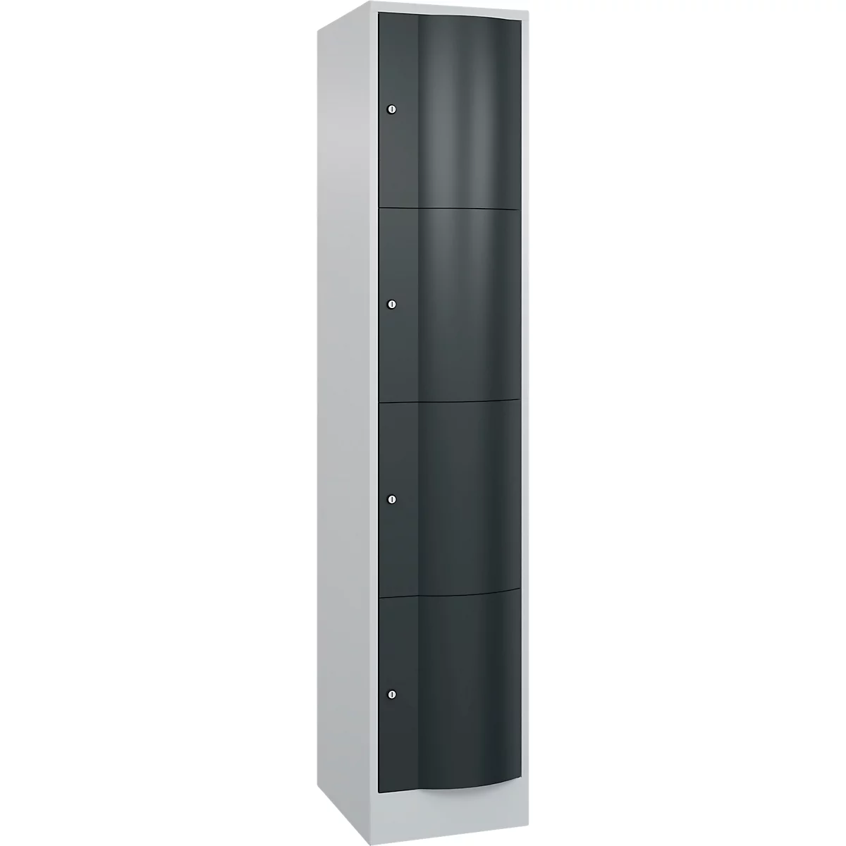 Armoire grise et gris foncé avec quatre portes et de petites poignées argentées.