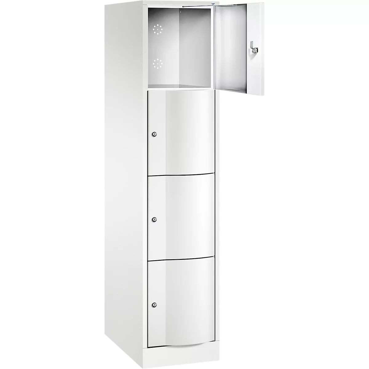 Casier blanc avec porte ouverte, trois compartiments en bas, compartiment supérieur ouvert.