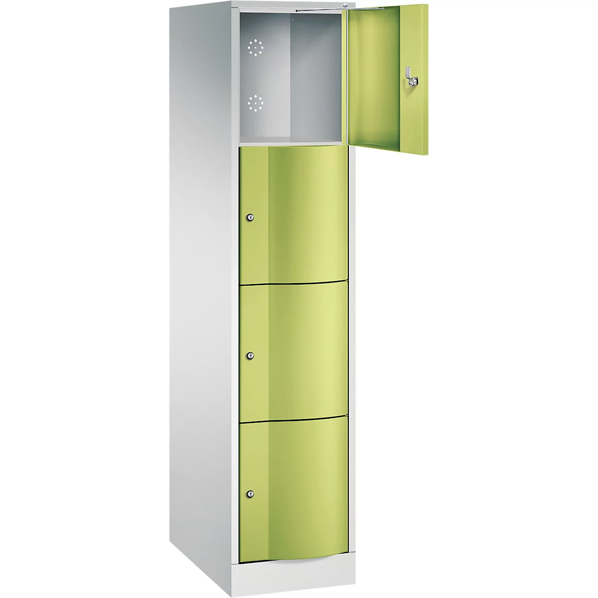 Armoire blanche avec trois portes en bas et un compartiment ouvert en haut. Une porte est ouverte pour montrer l'intérieur.