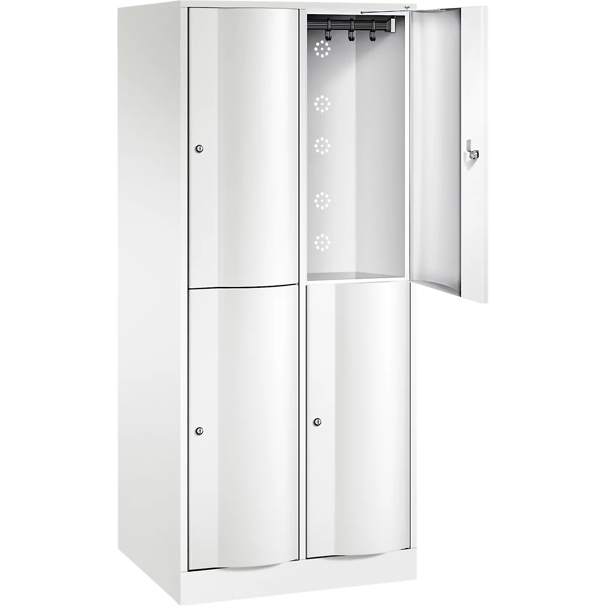 Casier blanc avec porte ouverte. Cintres en haut, plusieurs compartiments avec portes arrondies en dessous.